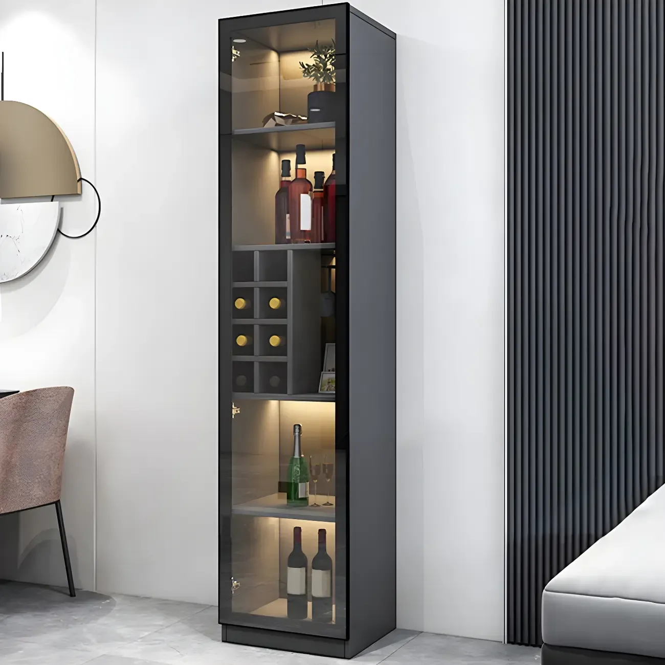 Black Wooden Glass Doors Display Cabinet with Lights