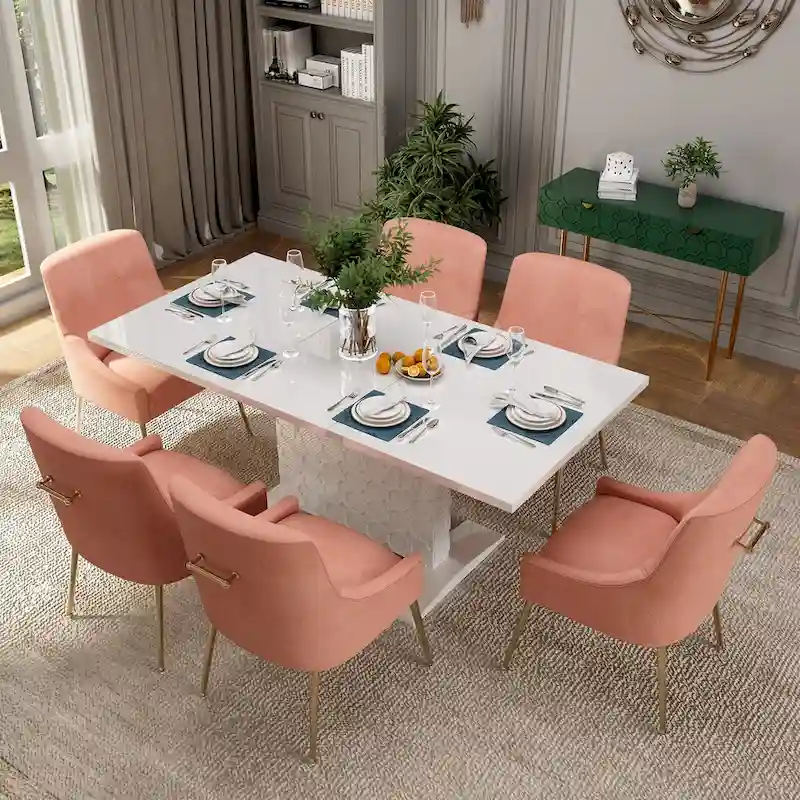 7-Piece Clihome High-gloss Extendable Table Velvet Chair Dining Set