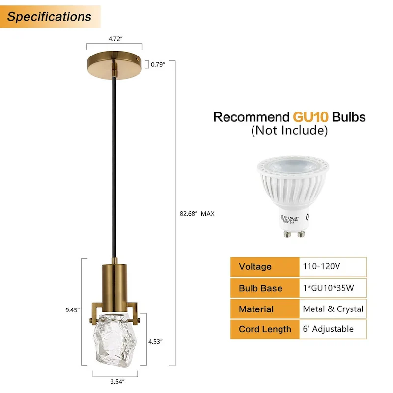 WINGBO 1-Light Modern Crystal Pendant Light Fixture Height Adjustable Hanging Light