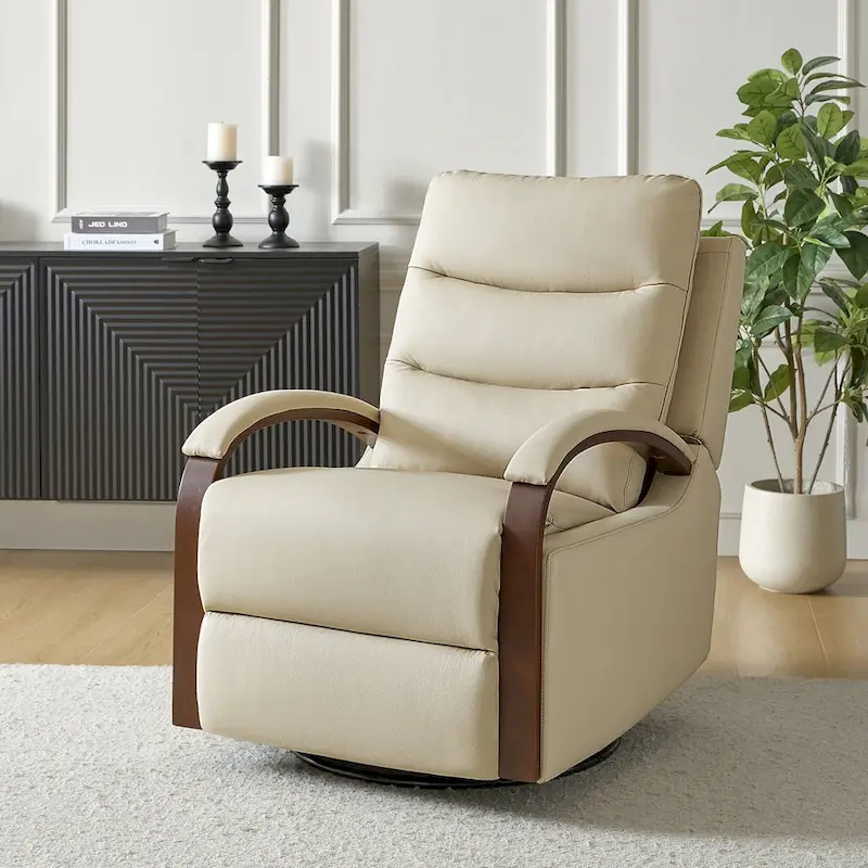 Leopold Modern Genuine Leather Swivel Rocking Manual Recliner Chair with Wooden Arm Accents by HULALA HOME
