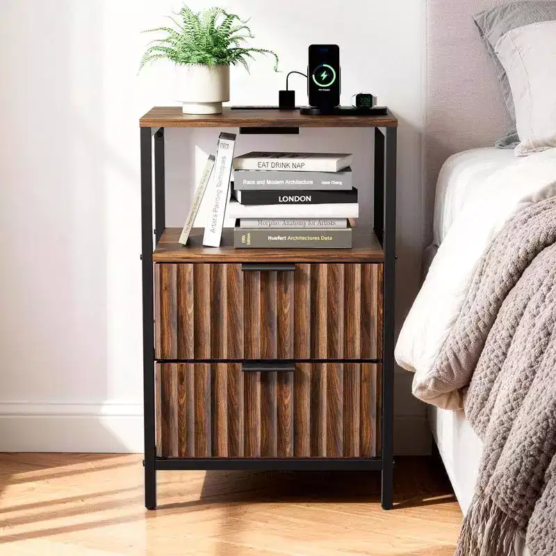 Karl Home 15 Inches Wide Nightstand - 2 Drawers, 1 Shelf, US Power Outlet - set of 2