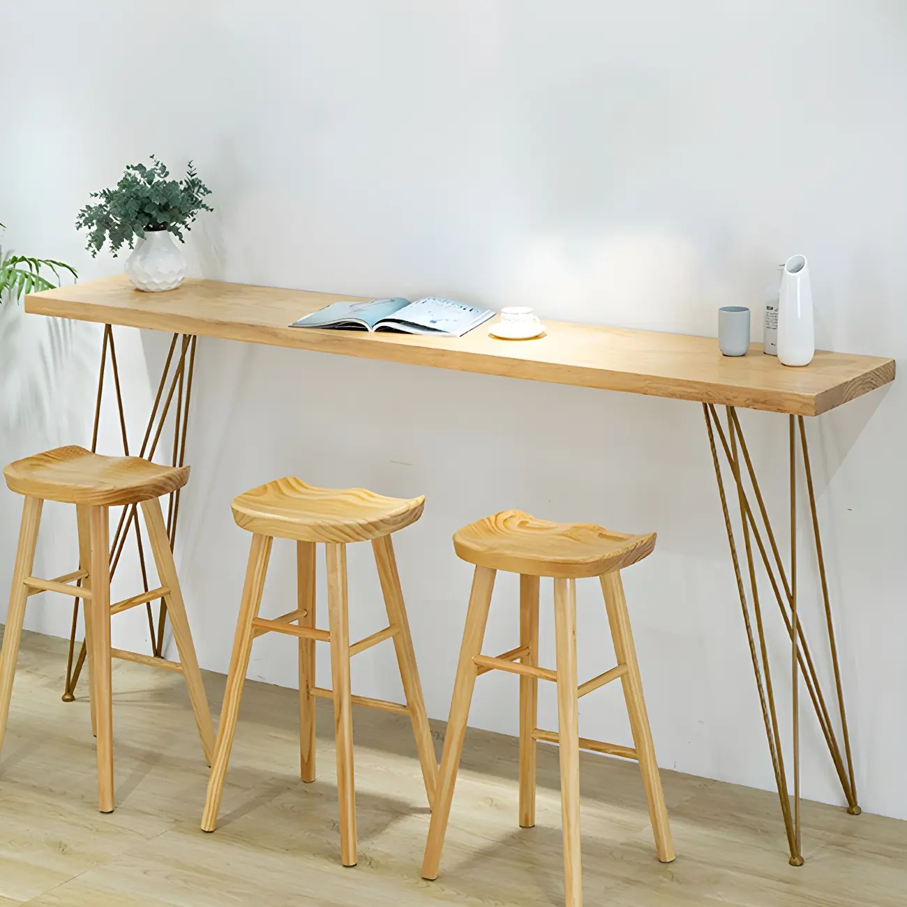 Elegant Long Bar Table with Wooden Stools