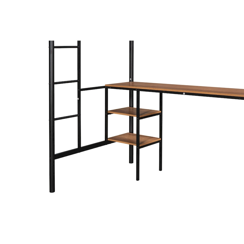Twin Metal Loft Bed with Table & Shelves
