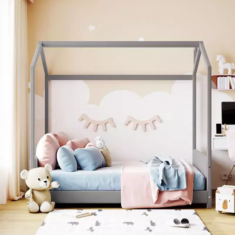Full Size Velvet House Bed Wood Bed Gray