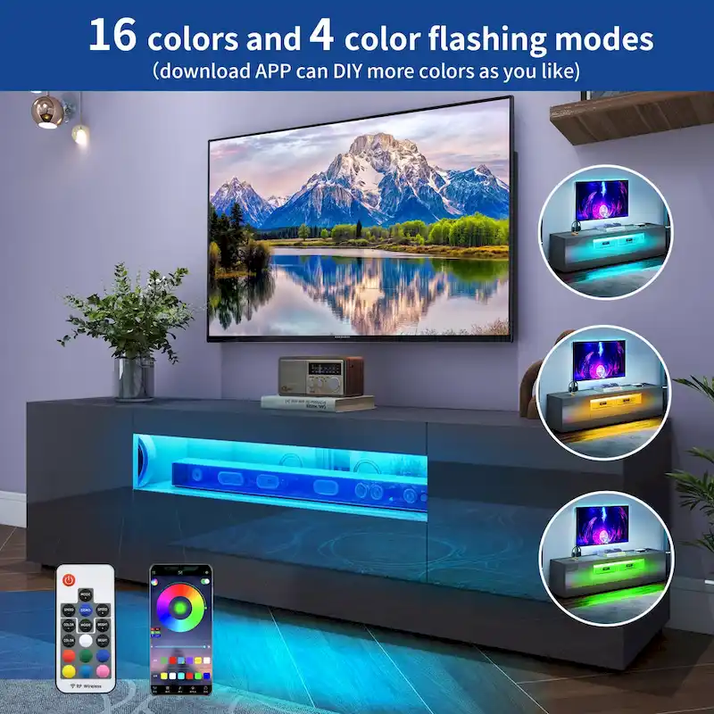 Moasis 70-inch High Glossy Wood TV Stand LED Entertainment Center Media Console