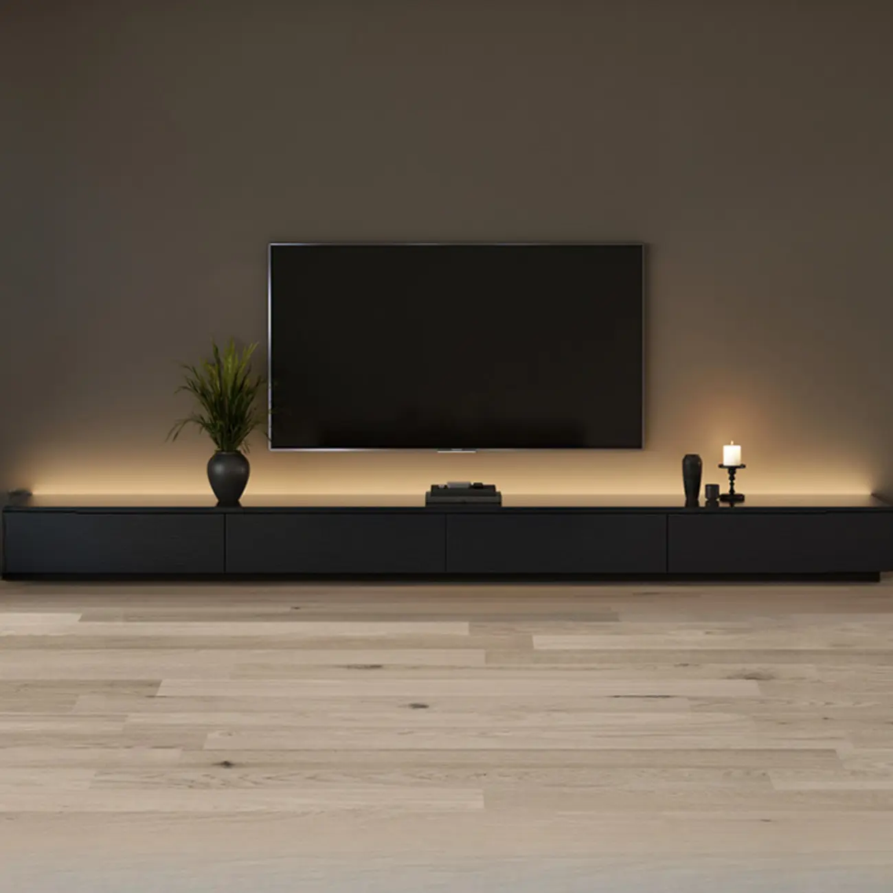 Minimalist Black Long Rectangular TV Stand with 4 Drawers