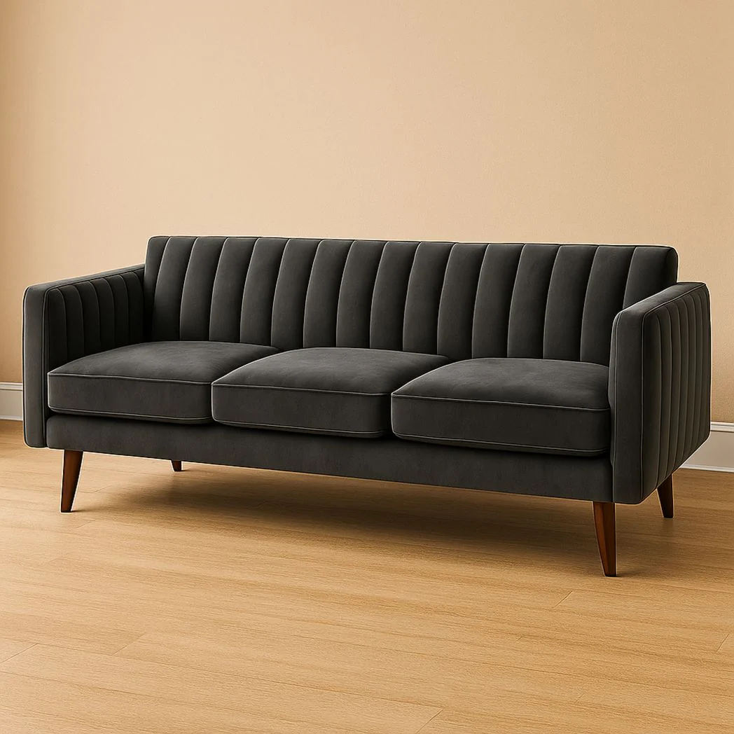 Canapé 3 places en velours gris foncé avec pieds en bois massif