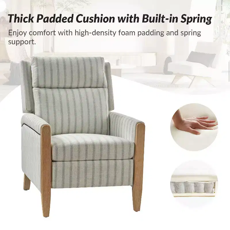 Upholstered Push Back Recliner, Set of 2 — Beige / Blue / Grey / Stripe