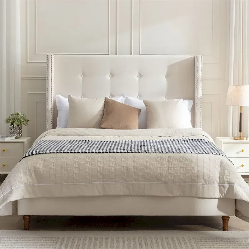 Upholstered King Bed Features a 54 High Headboard w/Buttoned Tuft