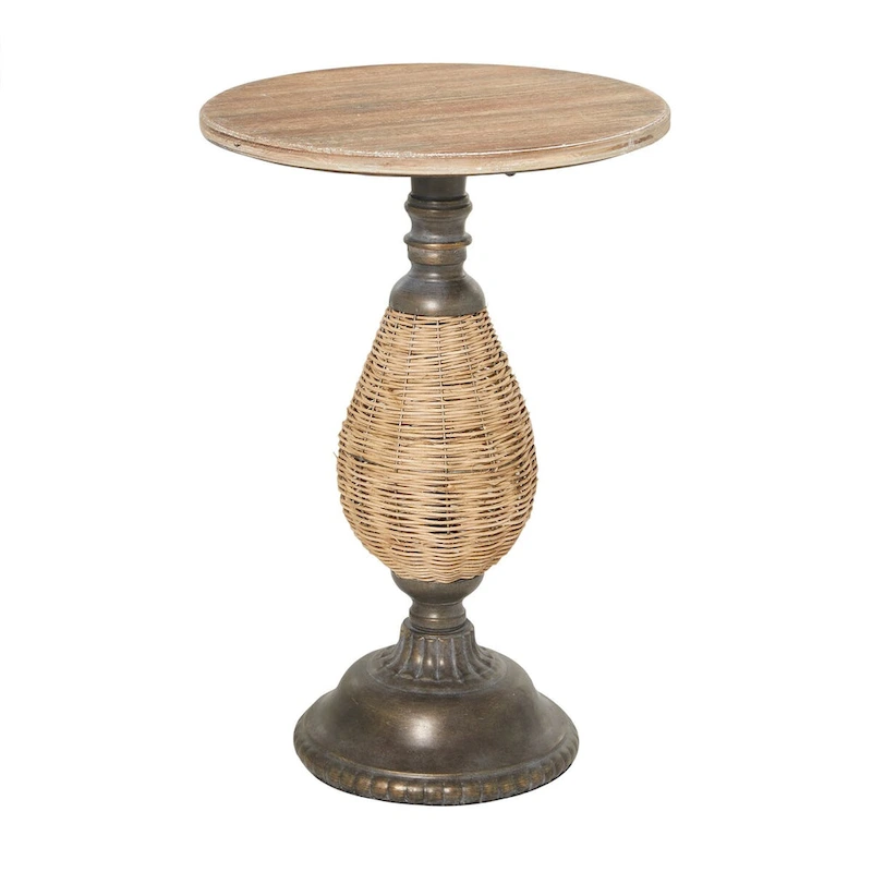 Wood Accent Table with Black Metal and Rattan Base - Brown or White - Roche River Decor