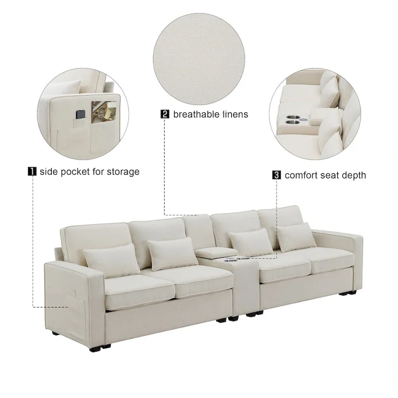 Modern Linen Fabric Upholstered Sofa with Console, 4Pillows,Cupholders,USB