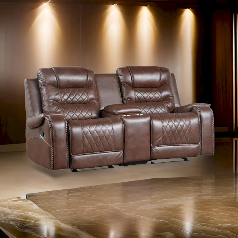 Paul 78 Inch Manual Recliner Loveseat, Cupholder Console Brown Faux Leather