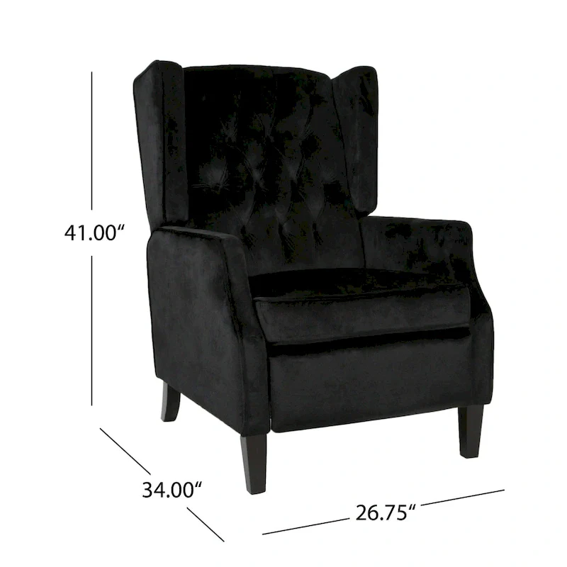 Black Velvet Mid-Century Wingback Push-Back Recliner with Footrest, Button-tufted Back