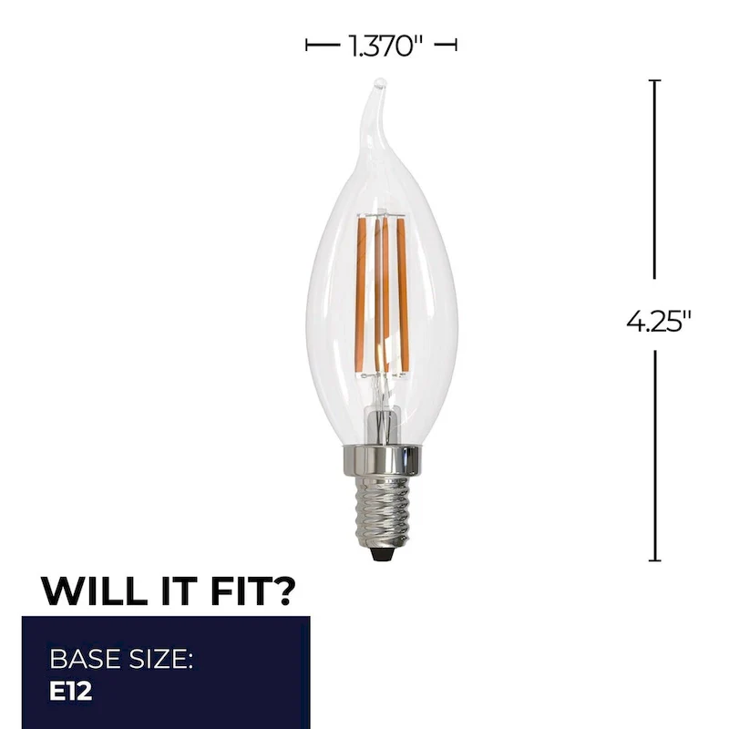 Bulbrite LED Filament Pack of (4) 6.5 Watt Dimmable CA10 Light Bulbs with a Clear Finish and Candelabra (E12) Base