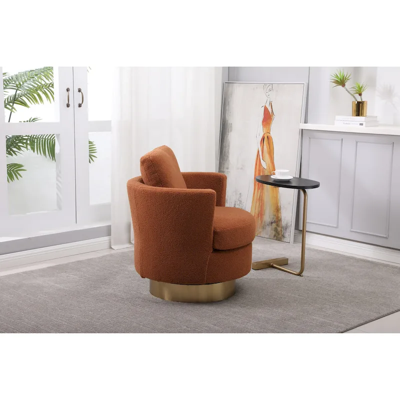 Brown Modern 29.6 Upholstered Swivel Barrel Chair with Gold Stainless Steel Base