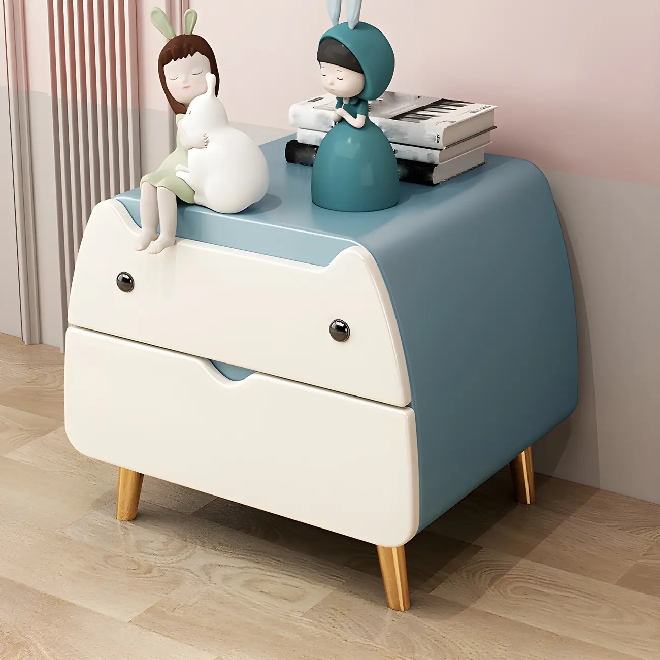 Pink Cute Cat Shape Scandinavian Nightstand with 2 Drawers