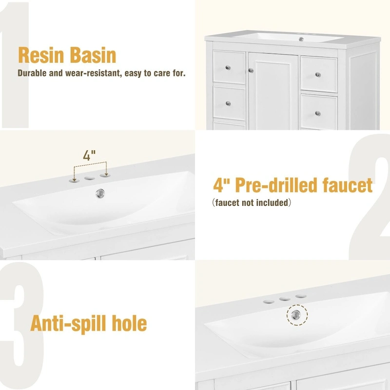 36 Inch Bathroom Vanity Cabinet with Resin Sink and Adjustable Shelves