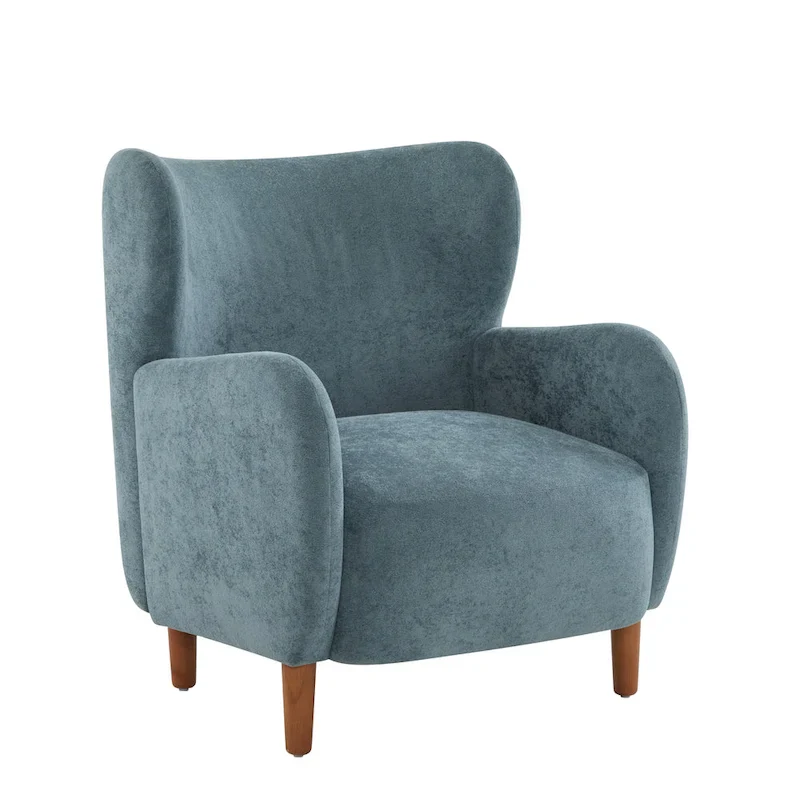 Wingback Club Chair, Mid-Century, Plush Velvet, Solid Wood & Birch Legs, Seats 1, Blue/Brown