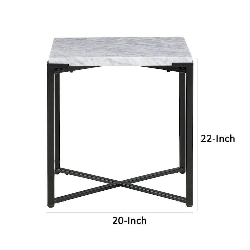 20 Inch Modern Side End Table, Carrara Marble Top, Steel Frame, Smooth Gray