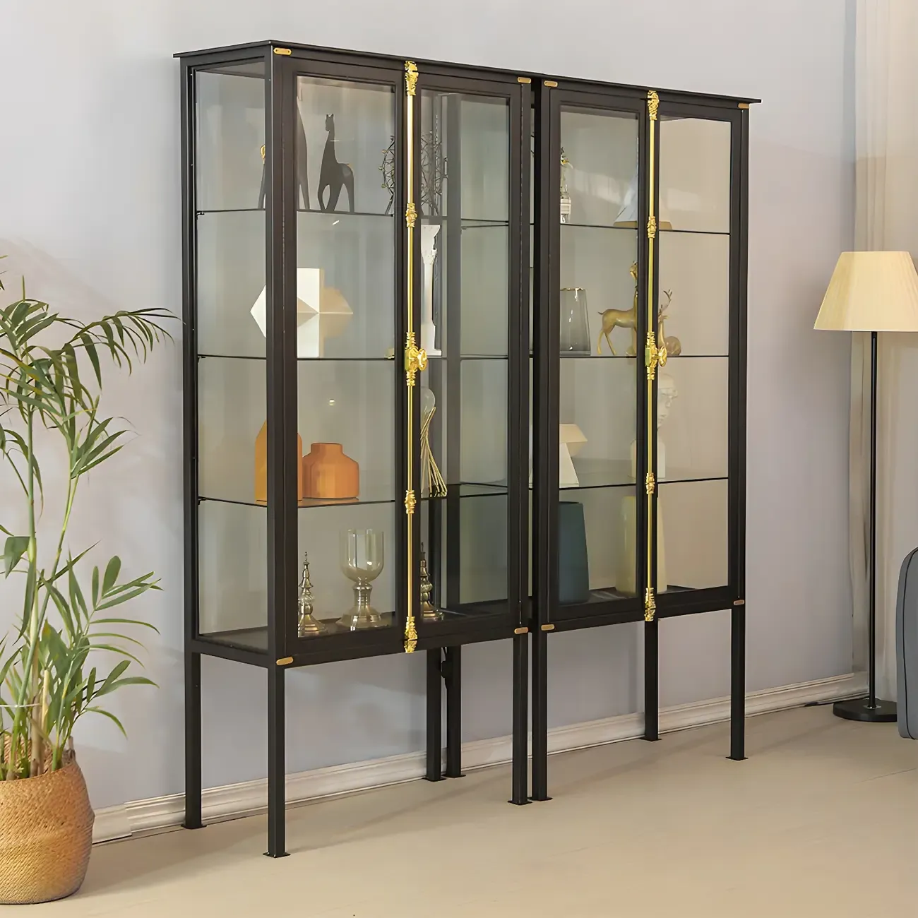 Modish Clear Glass Door Black Metal Curio Cabinet