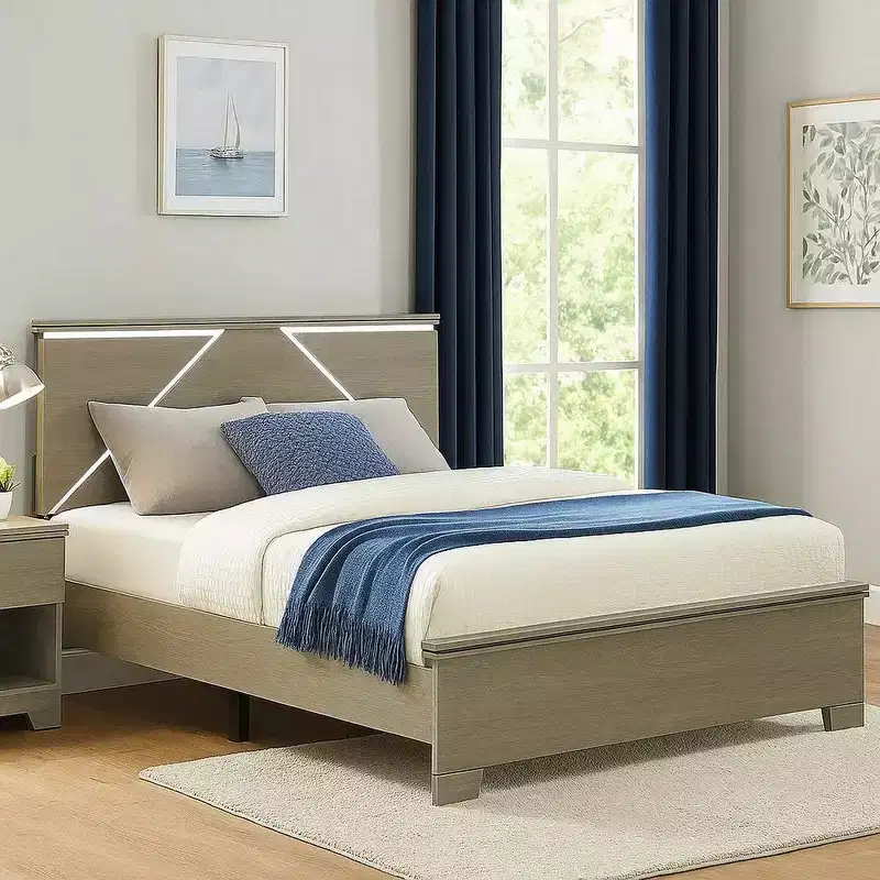 Royal Hampton Queen Bed, Panel Headboard with LED, Weathered Gray Wood, Modern Style