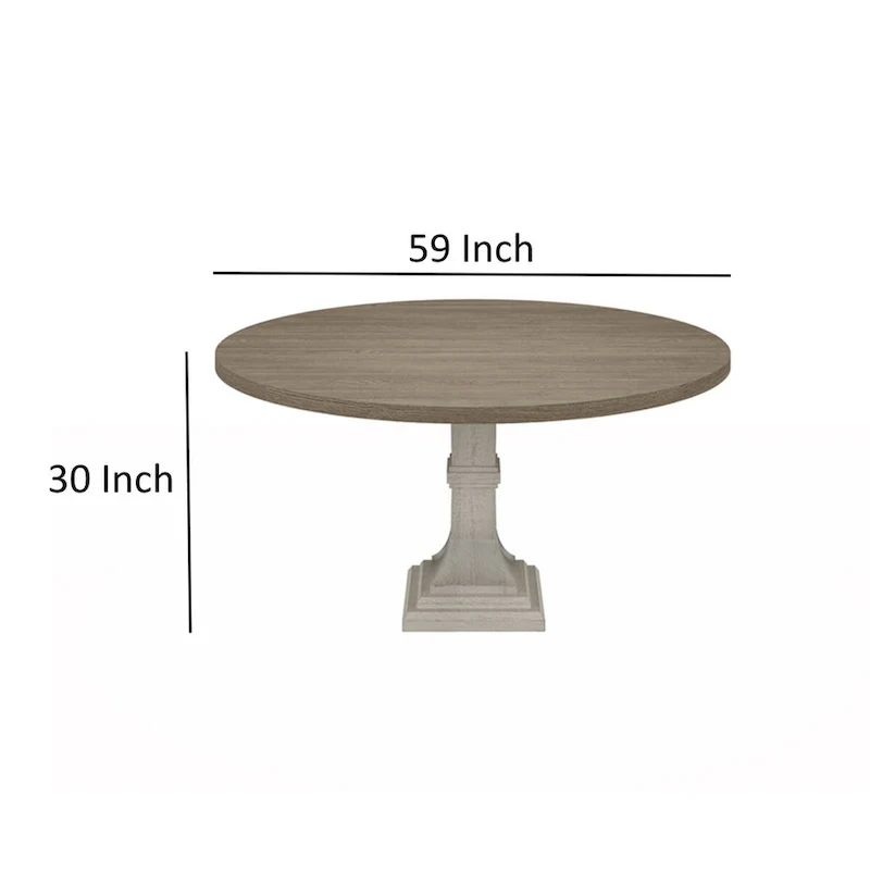 Sane 59 Inch Dining Table, Round Top with Pedestal Base, White, Gray