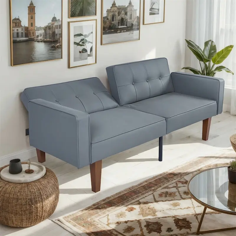 Convertible Sofa Bed Adjustable Fabric Couch Sleeper Modern Recliner Reversible Loveseat Folding Daybed Guest Bed with 2 Pillows