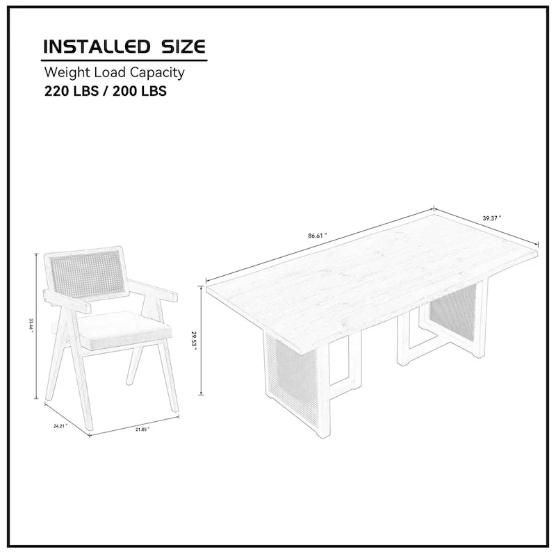 7 Piece Wooden Dining Table and Chairs Set, Rattan Kitchen Table Set with Rectangular Dining Table and 6 Chairs