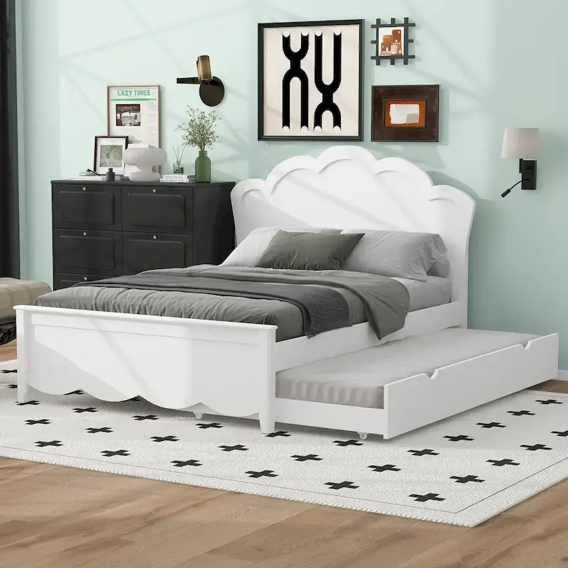 Full Size Wood Platform Bed with Headboard and Twin Trundle