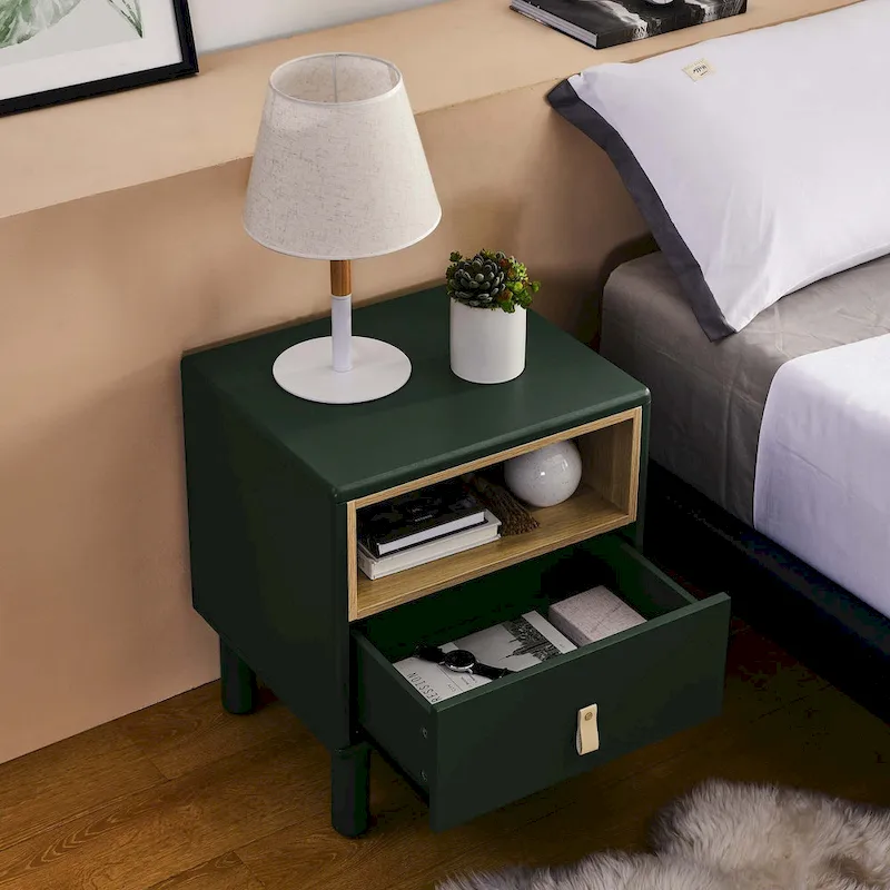 Nightstand - MDF & Solid Wood, 1 Drawer, Open Shelf, Leather Handles, 18.9W x 21.65H, Modern