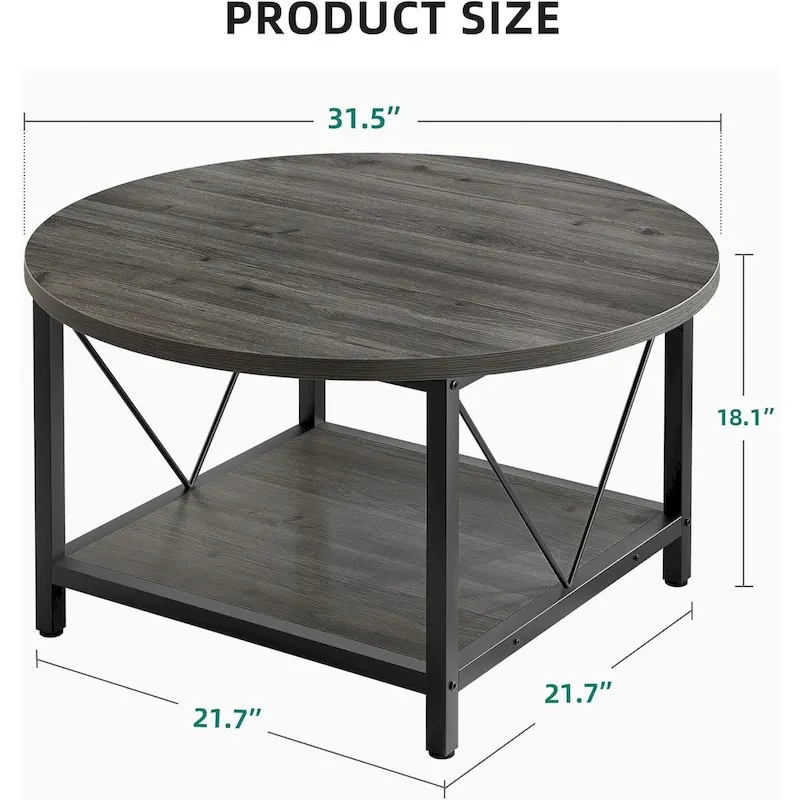 Industrial 2-Tier Round Coffee Table with Shelf