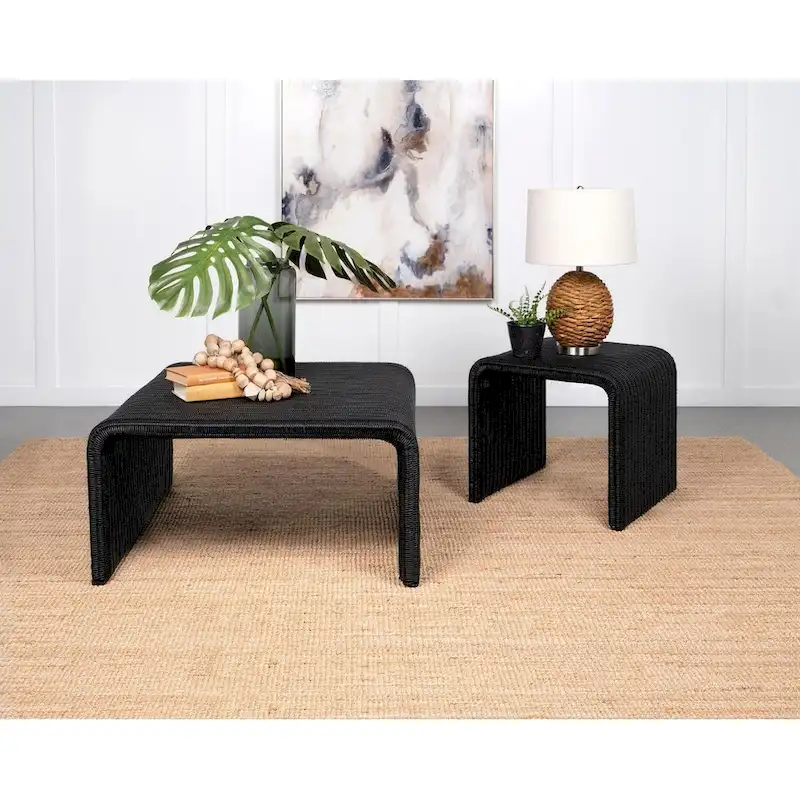 Woods Black Woven Rattan Square End Table