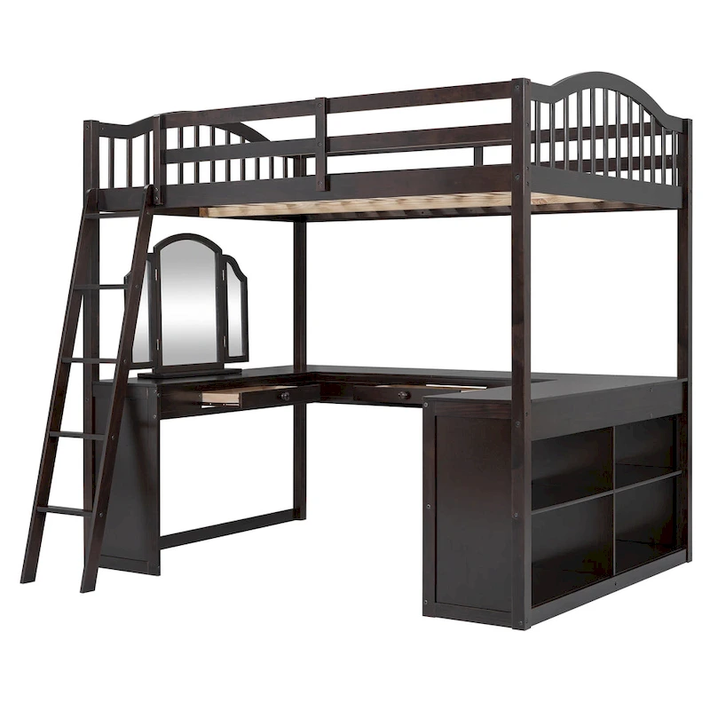 Full Wooden Loft Bed with U-shaped Desk,Storage Compartments and Tri-fold Mirror