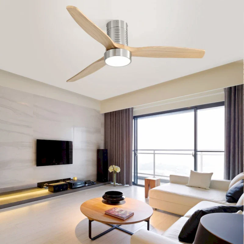 52 Inch Flush Mount Ceiling Fan With Dimmable Light 6 Speed Remote Control 3 Solid Wood Blade Ceiling Fan