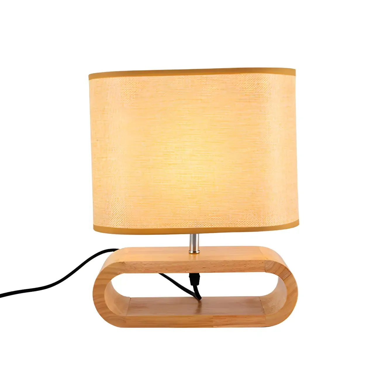 Bedside Wood LED Plug In Table Lamp in Fabric Shade
