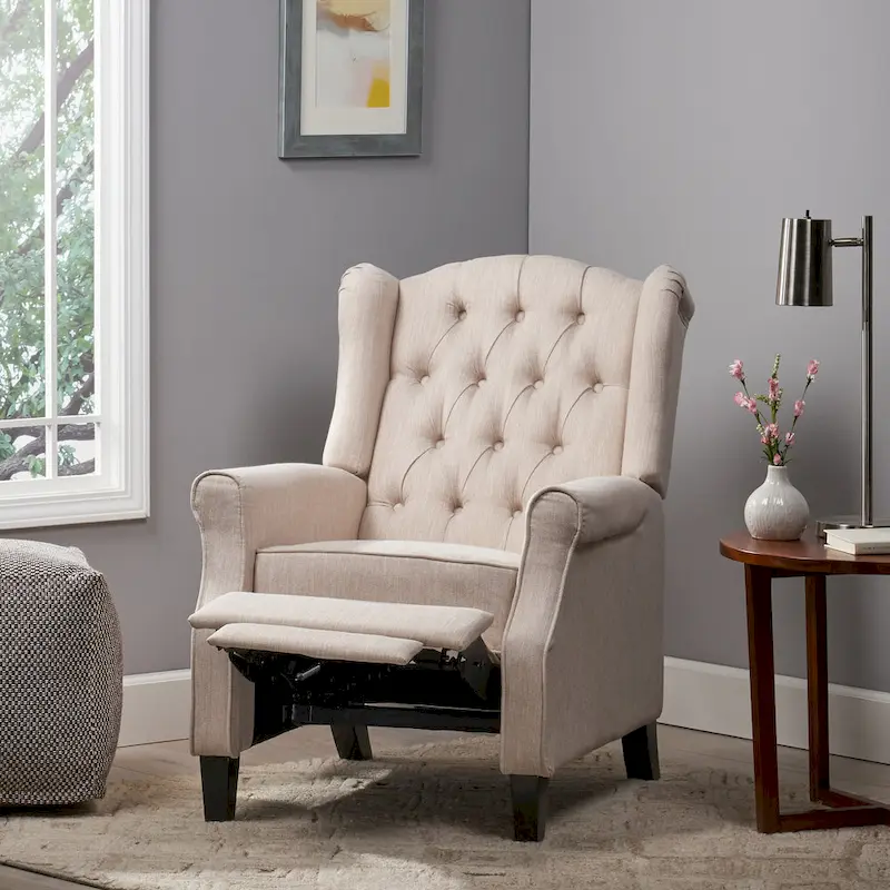 Modern Wingback Push-Back Recliner with Footrest, Button-tufted, Birch Legs