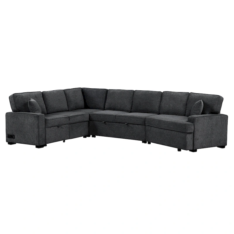 Black 126 L-Shaped 6-Seater Sofa with Pull-Out Bed and Cup Holders