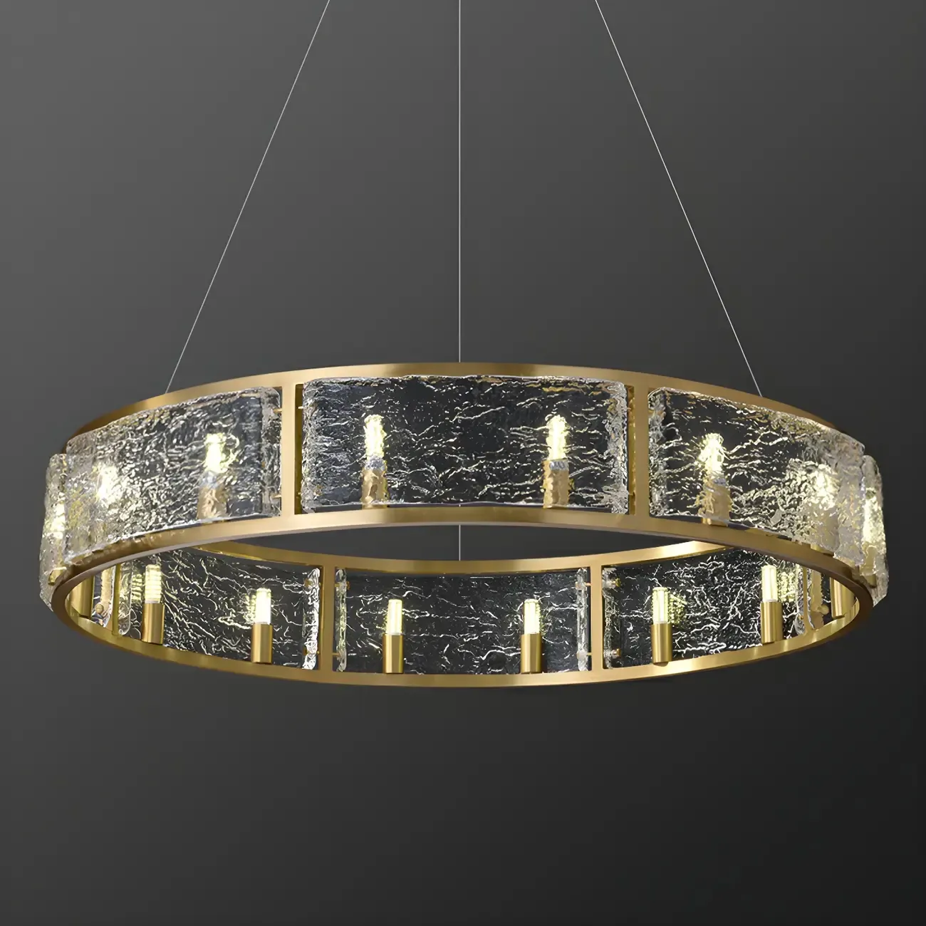 16-Light Modern Brass Glass Hoop Chandelier Height Adjustable
