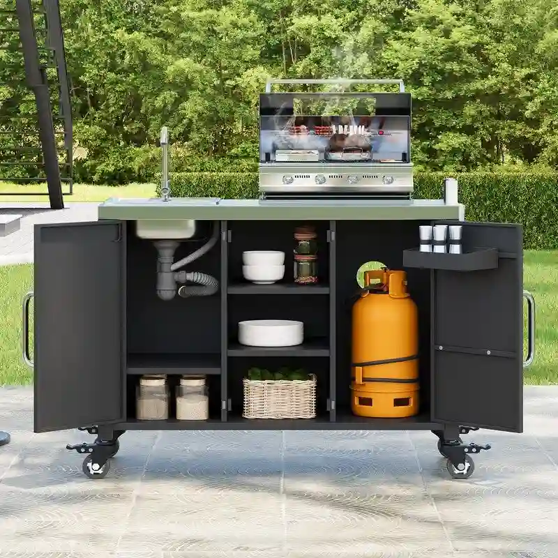 Outdoor Kitchen Island with Sink, Outdoor Bar Cart Sink Station with 4 Lockable Wheels