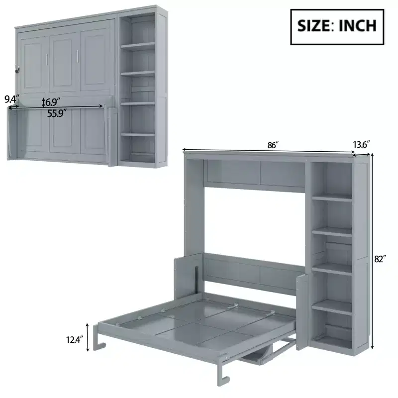 GDFStudio Ruby Space-Saving Solid Pine Wood Murphy Bed with Desk and Bookshelf
