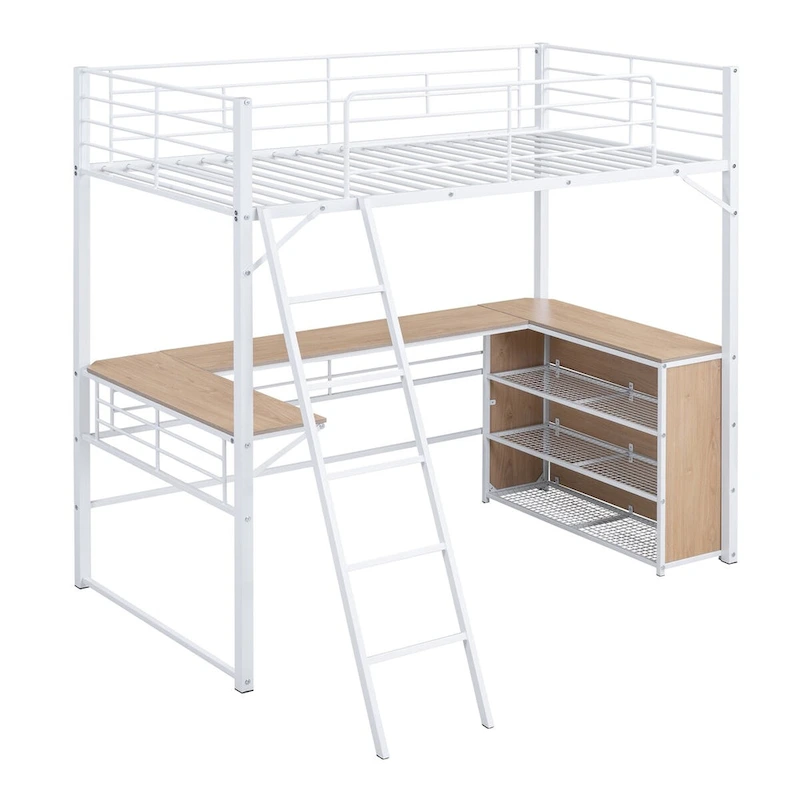 Metal Loft Bed with L-shaped Desk and 3 Layers of Shelves, Reversible Ladder