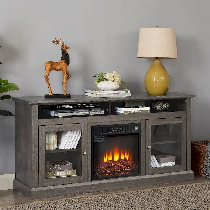 Contemporary TV Media Stand Modern Entertainment Console with 18 Fireplace Insert for TV Up to 65 with Open and Closed Storage