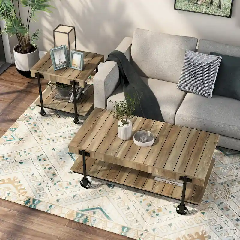 Farmhouse Steel 2-Piece Coffee Table Set with Shelf