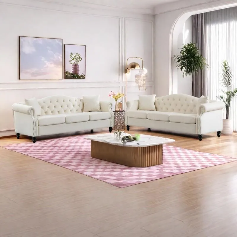 2-Pieces 6-Seat Velvet Chesterfield Sofa Set (Two 3-Seaters) with Tufted Back & Nailhead Trim