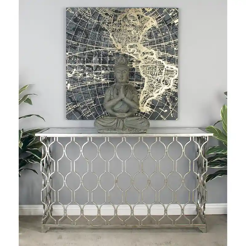 Geometric Metal Console Table with Mirror Top – Silver, Iron Frame, Single