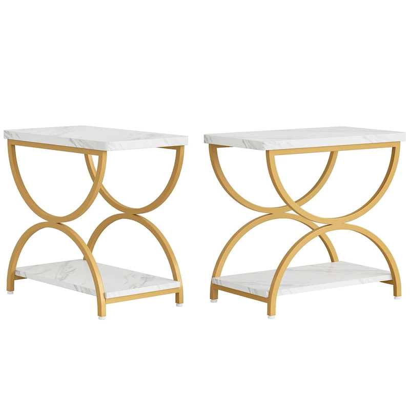 2-Tier Rectangular Wood Metal End Side Chairside Table