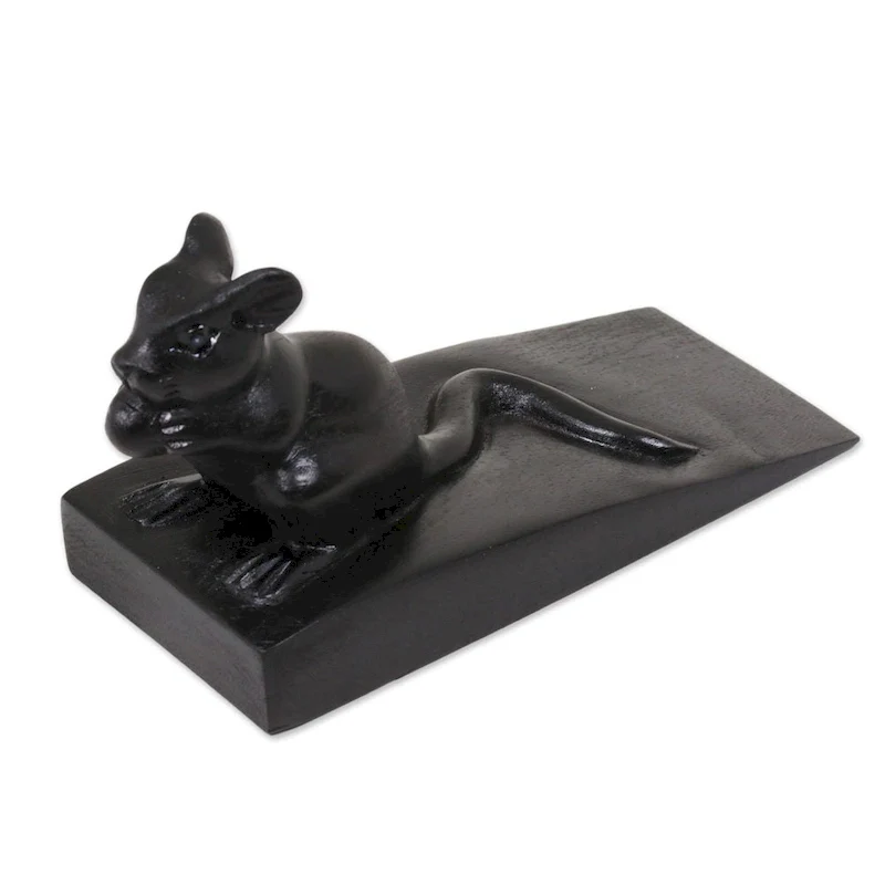 Handmade Wood Door Stopper, 'Charming Mouse In Black' (Indonesia) - 3.1  H x 5.25  W x 2.4  D