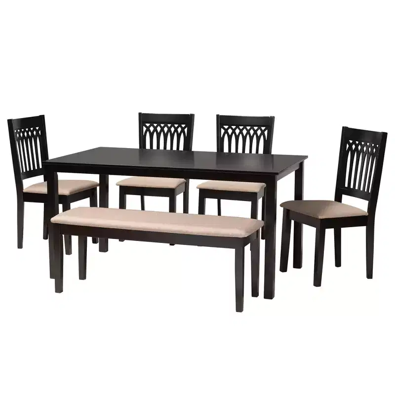 Modern Fabric & Wood Dining Set for 6 – 4 Chairs + Bench + Table