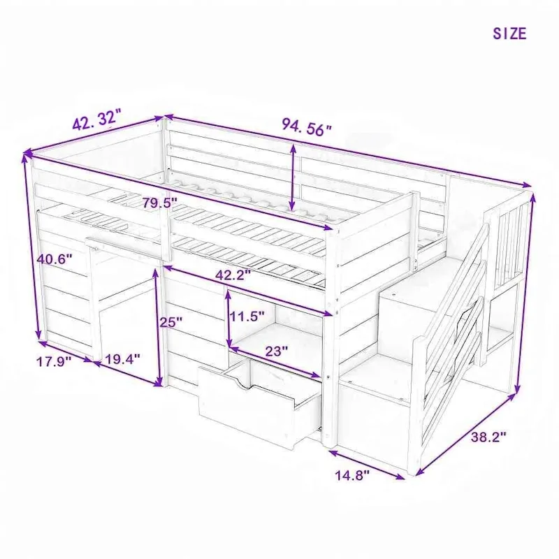 Solid Wood Low Loft Bed With Drawer and Stair,Twin Szie