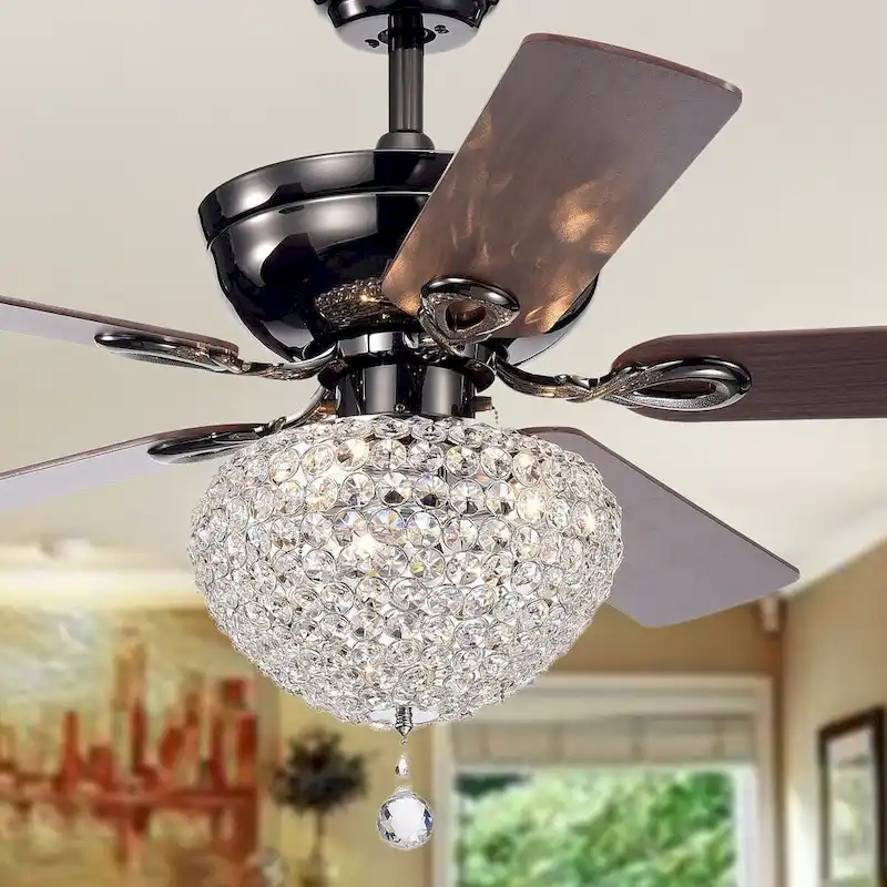 Black 52-inch 3-light Lighted Ceiling Fan w Crystal Basket Shade 5-blade 2 Color Pull Chain